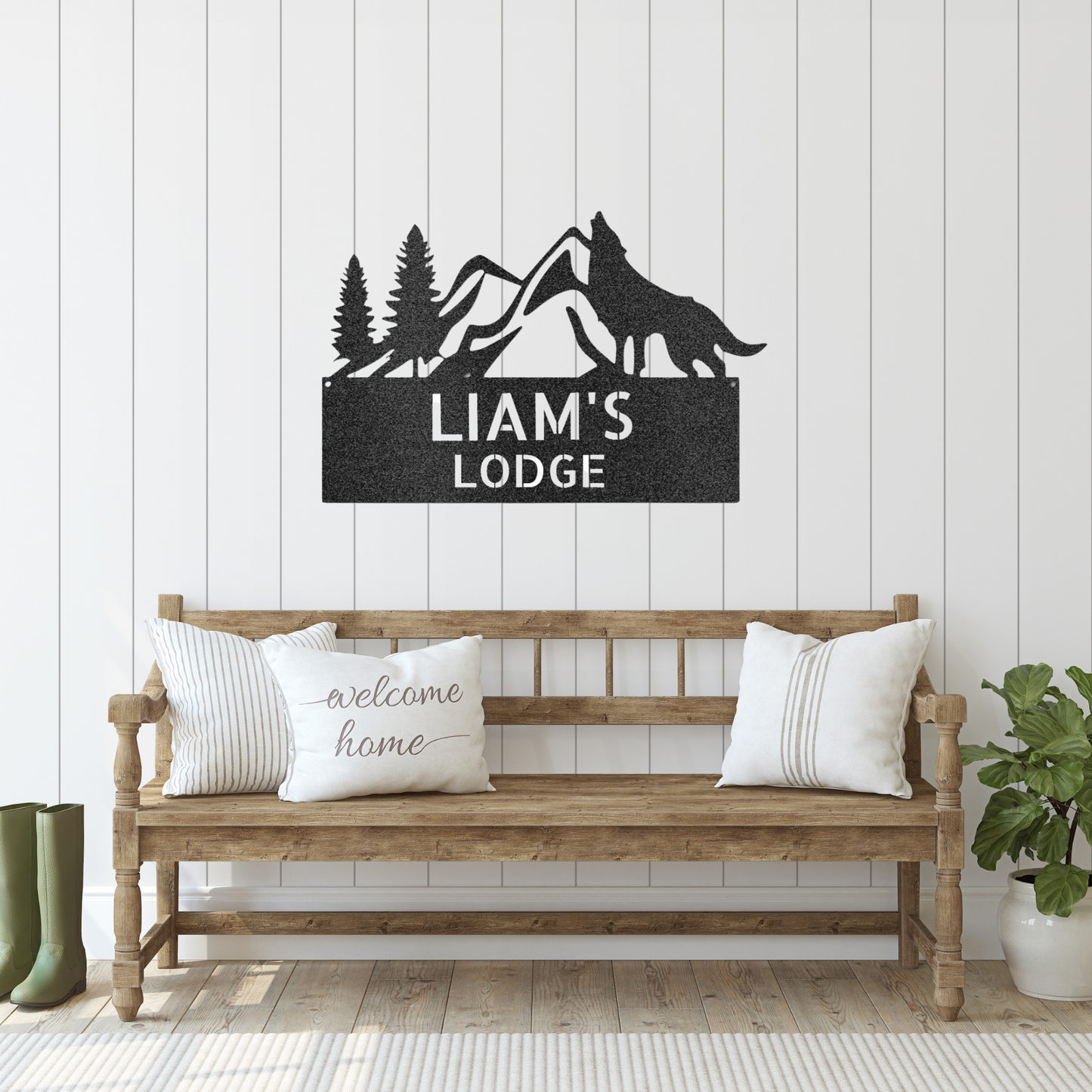 Personalized Mountain Metal Sign, Metal Address Sign, Howling Wolf with Mountains Metal Wall Art, For Cabin, Lodge or Lake House