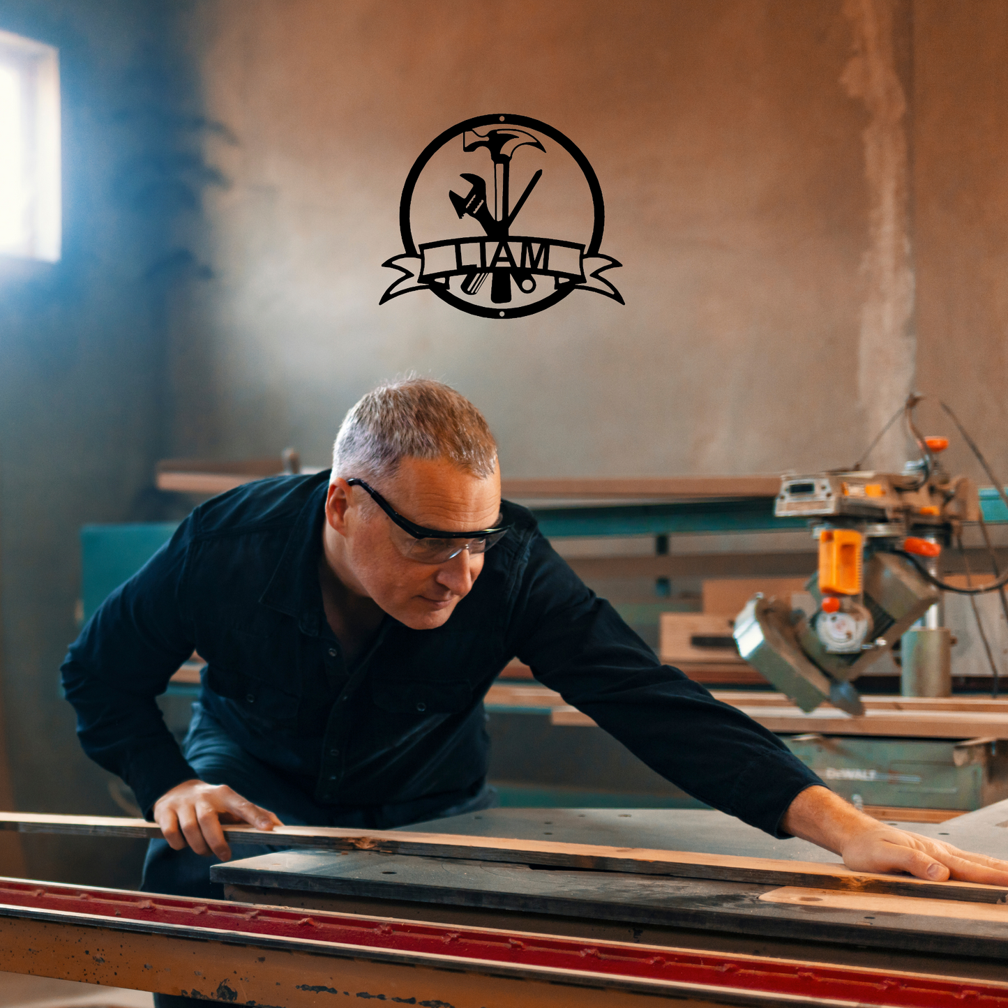 Tool Sign with Hammer, Screwdriver, Wrench and Text Banner - Personalized Workshop Sign, Custom Garage Sign, Workshop Sign