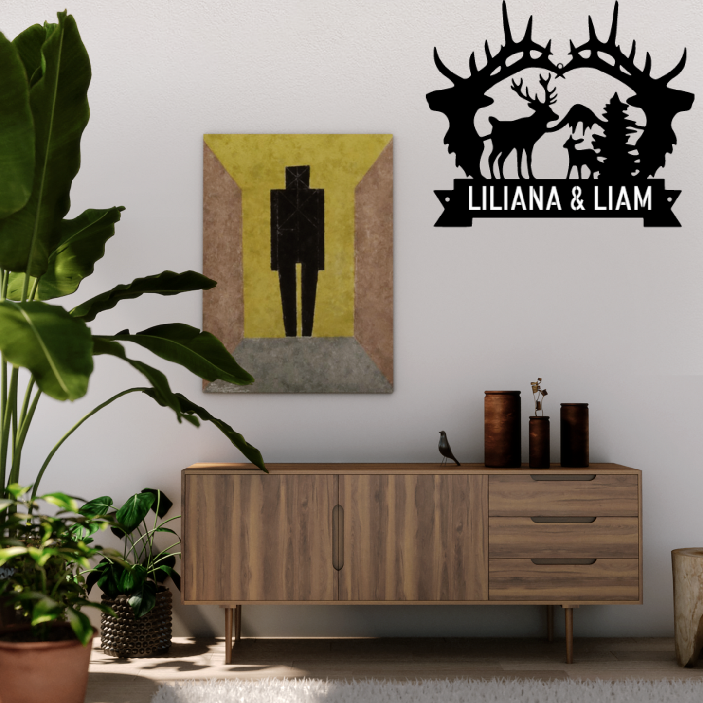 Outdoor Monogram Sign: Antler Framed Buck and Fawn - Personalized Metal Sign - Wildlife Outdoor Decor, Lake House Sign, Cabin Sign - Year Long Outdoor Decor