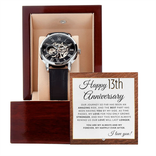 13 Year Anniversary Gift for Him - Men's Openwork Watch + Watch Box - Great Anniversary Gift Idea For Husband, From Wife