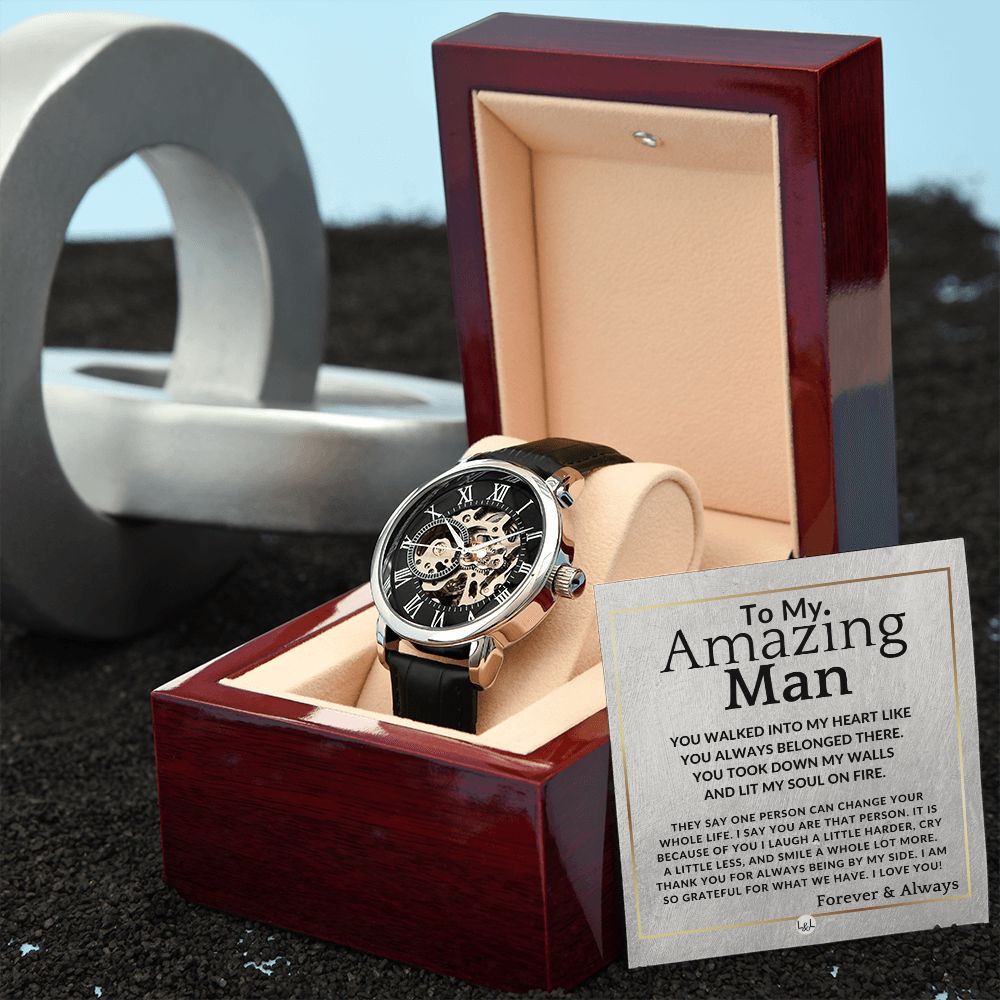 To My Man - Lit My Soul On Fire - Men's Openwork Watch + Watch Box - Meaningful Christmas, Valentine's Day Birthday, or Anniversary Present For Him