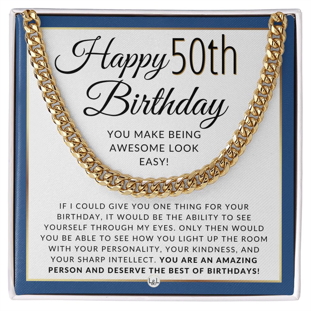 50th Birthday Gift for Him - Chain Necklace for 50 Year Old Man's Birthday - Great Birthday Gift for Men - Jewelry for Guys 14K Yellow Gold Finish /