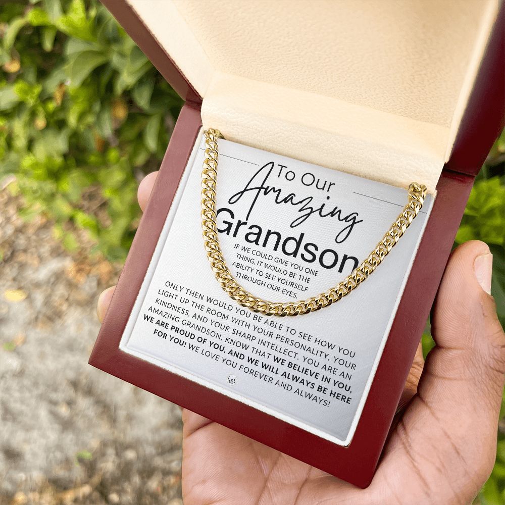 Through Our Eyes - To Our Grandson - Grandparents to Grandson Chain Necklace Gift - Christmas Gifts, Birthday Present, Graduation, Valentine's Day