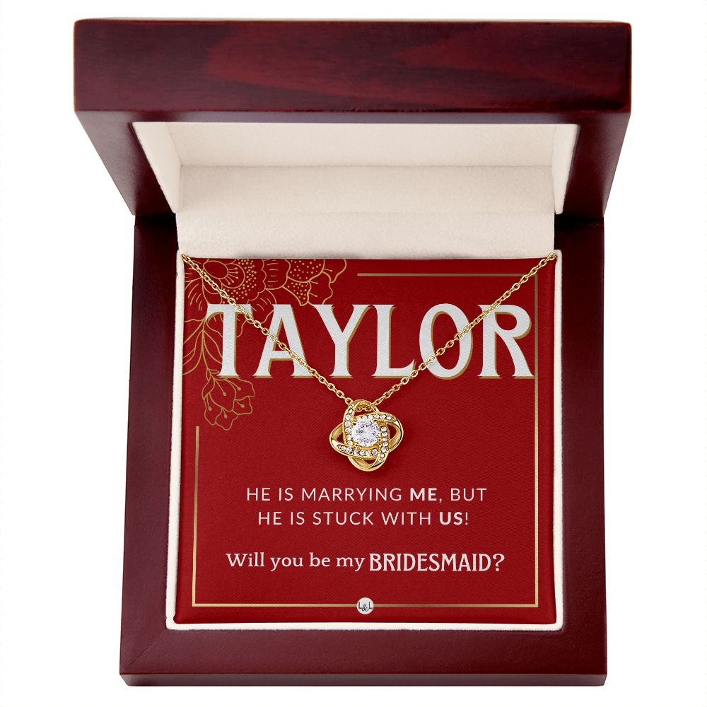 Bridesmaid Proposal Custom Name - Wedding Party Jewelry Accessories From Bride - Stuck With US Necklace - Red and Gold Wedding Theme