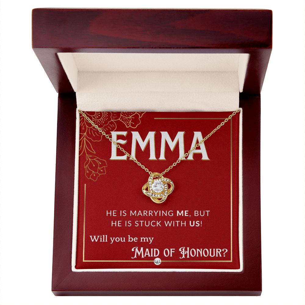Maid of Honour Proposal, Custom Name - Be My Maid Of Honour - Wedding Party - Stuck with US Necklace - Red and Gold Wedding Theme