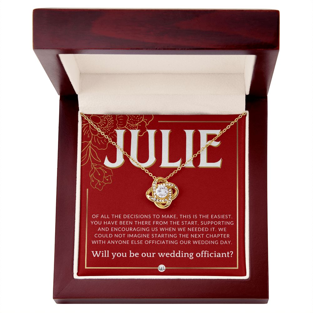 Wedding Officiant Proposal, Custom Name - Female Officiant, Vow Renewal - Of All The Decisions Necklace - Red and Gold Wedding Theme