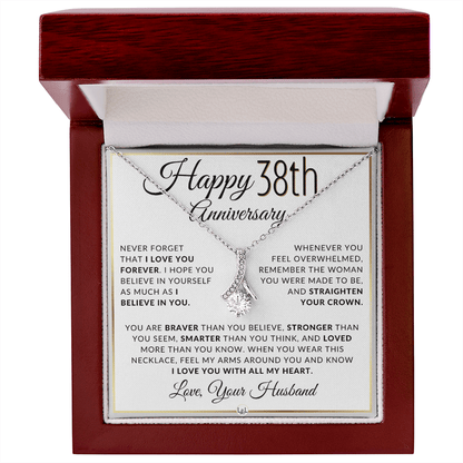 Silver 38th anniversary necklace with a clear rhinestone pendant, presented on a square white gift card with sentimental text and the title 'Happy 38th Anniversary'.