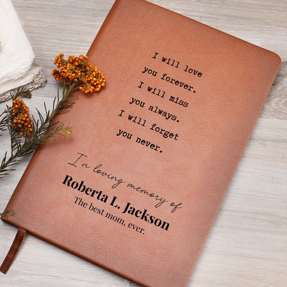 Never Forget You - Custom Leather Journal - Sympathy, Memorial, Bereavement Notebook - Liliana and Liam
