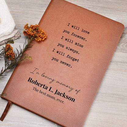 Never Forget You - Custom Leather Journal - Sympathy, Memorial, Bereavement Notebook - Liliana and Liam