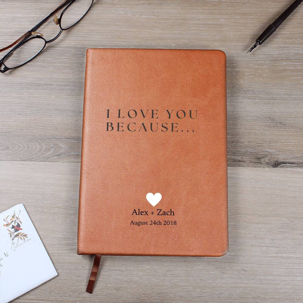 Personalized Leather Journal - I Love You Because - Custom Leather Notebook For The One You Love - Wedding or Anniversary Gift - Love Letters, Memory Book - Liliana and Liam