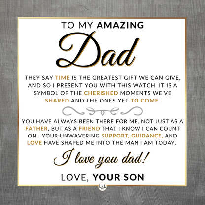 Gift For Dad, From Son - Men's Openwork Watch + Box - Thoughtful Father's Day, Christmas or Birthday Gift For Him - Liliana and Liam