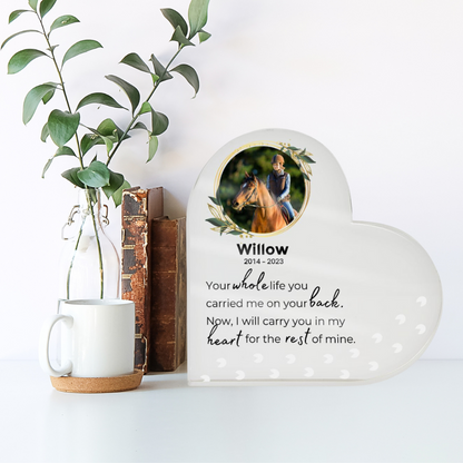 Horse Keepsake - Carry You In My Heart - Heart Shaped Photo Acrylic - Custom Horse or Equestrian Memorial, Bereavement & Sympathy Gifts
