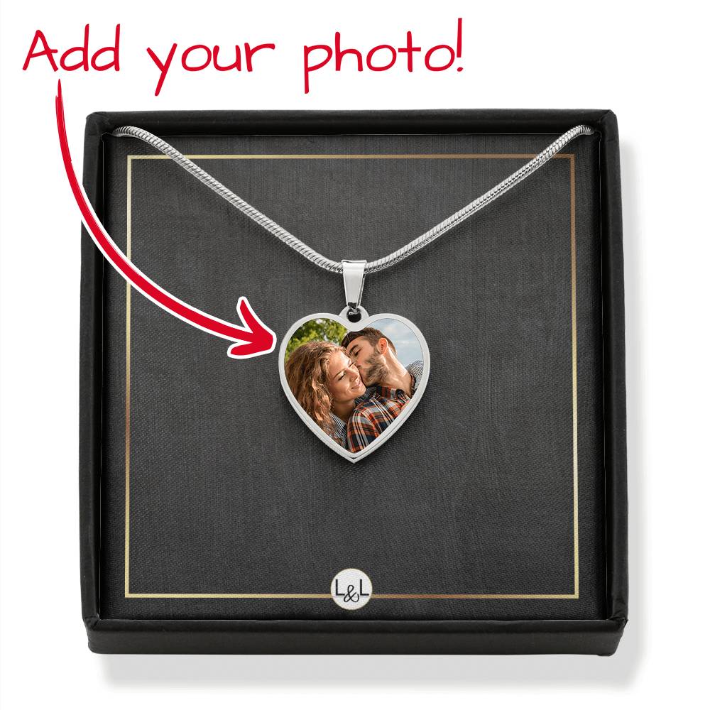 Photo Upload Necklace - Heart Photo Pendant + Custom Engraving Option