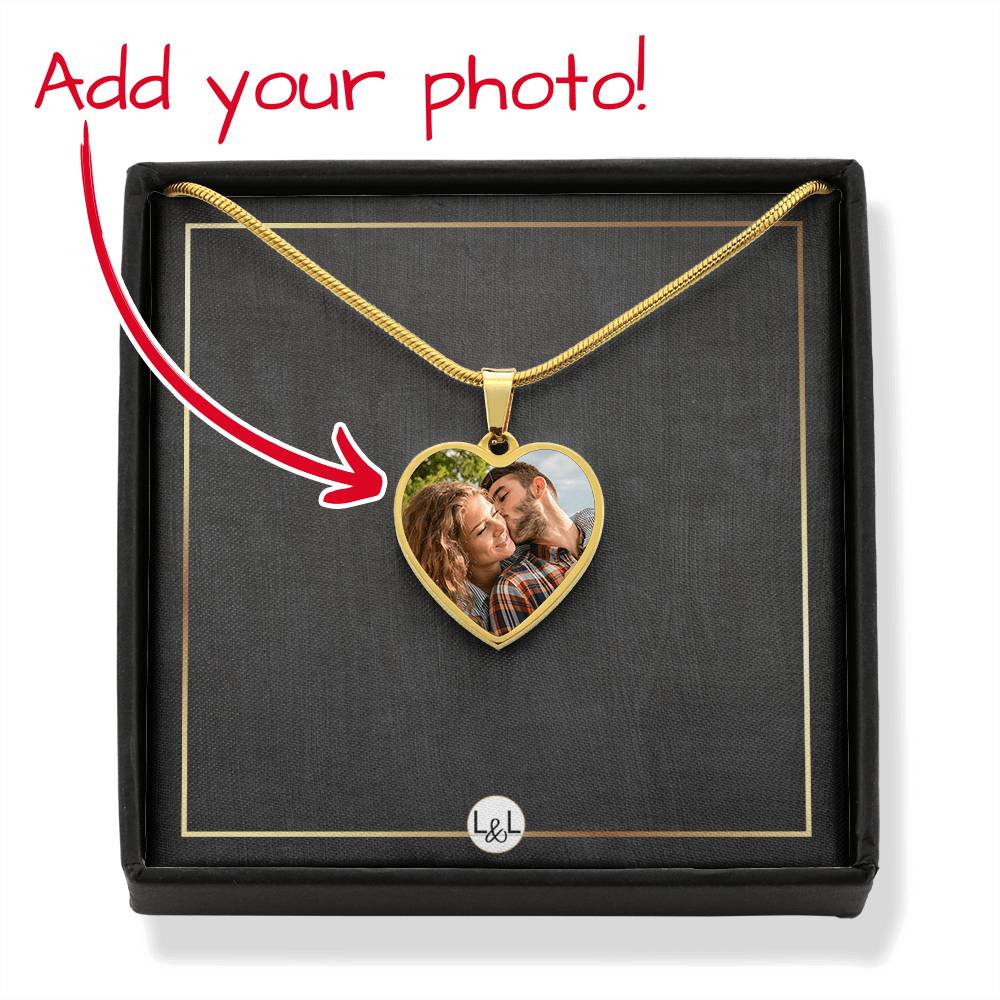 Photo Upload Necklace - Heart Photo Pendant + Custom Engraving Option