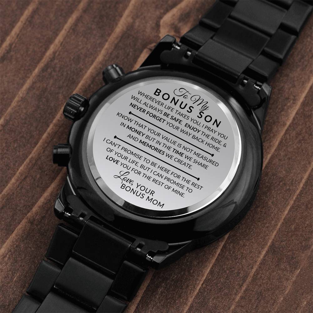 Gift For Bonus Son From Bonus Mom - Never Forget Your Way Home - Engraved Black Chronograph Men's Watch + Watch Box - Perfect Birthday Present or Christmas Gift For Him