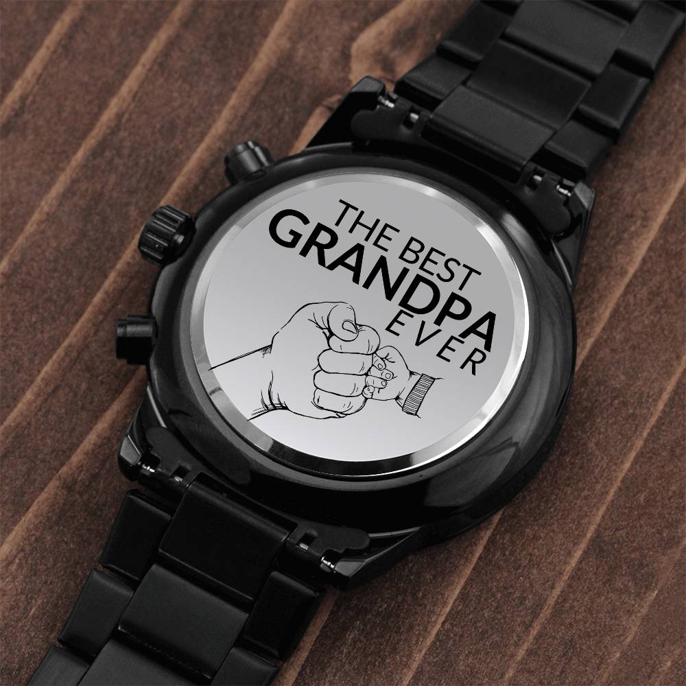 Gift For Grandpa - Best Grandpa Ever - Engraved Black Chronograph Men's Watch + Watch Box - Perfect Birthday Present or Christmas Gift For Him