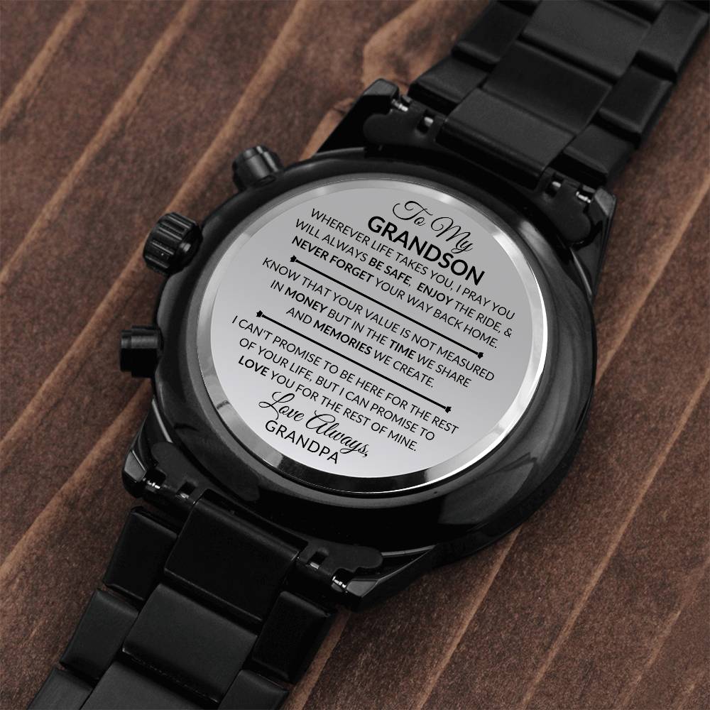 Gift For Grandson From Grandpa - Never Forget Your Way Home - Engraved Black Chronograph Men's Watch + Watch Box - Perfect Birthday Present or Christmas Gift For Him