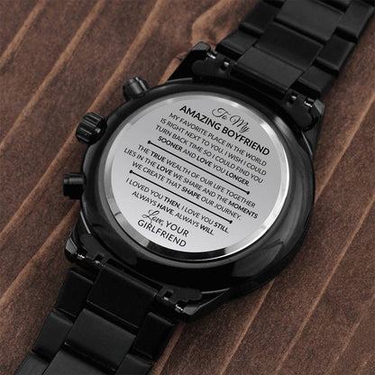 Gift For Boyfriend From Girlfriend - Always Have, Always Will - Engraved Black Chronograph Men's Watch + Watch Box - Perfect Birthday Present or Christmas Gift For Him - Liliana and Liam