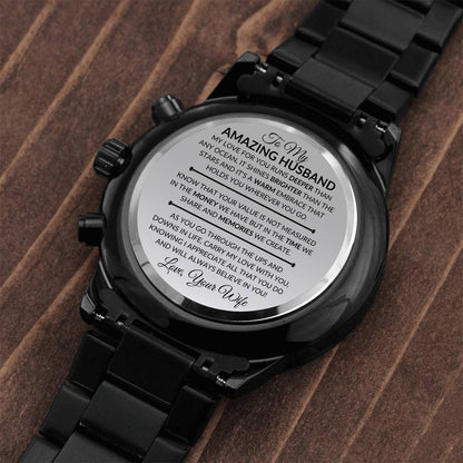 Gift For Husband From Wife - In Love And Memories - Engraved Black Chronograph Men's Watch + Watch Box - Perfect Birthday Present or Christmas Gift For Him - Liliana and Liam