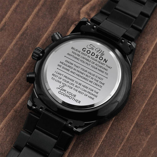 Godson Gift From Godmother - You Can Achieve Anything - Engraved Black Chronograph Men's Watch + Watch Box - Perfect Birthday Present or Christmas Gift For Him - Liliana and Liam