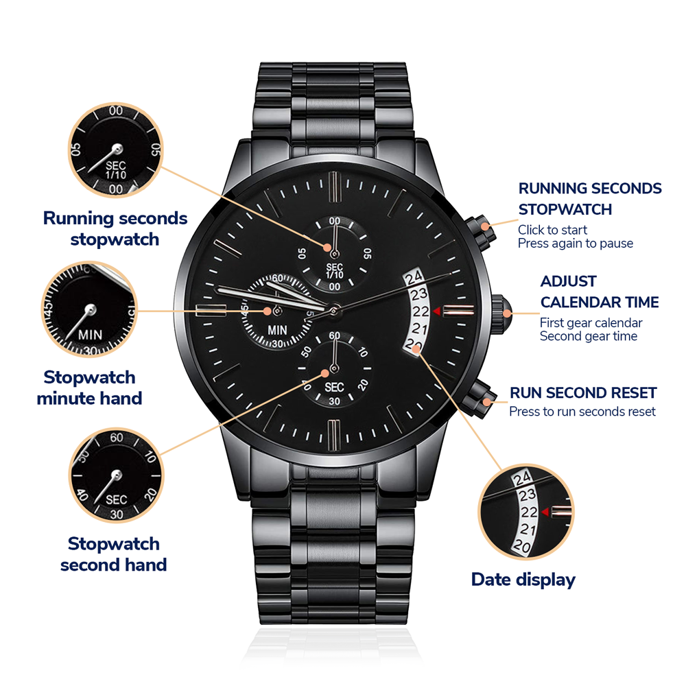 Gift For Bonus Son From Bonus Mom - Never Forget Your Way Home - Engraved Black Chronograph Men's Watch + Watch Box - Perfect Birthday Present or Christmas Gift For Him