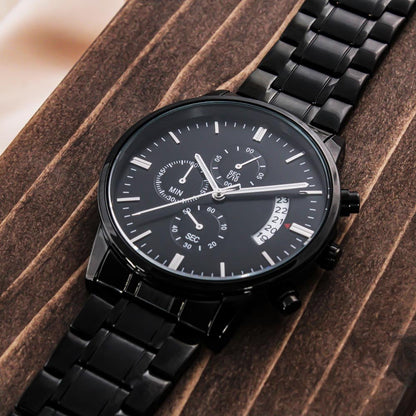 Gift For My Bonus Son From Bonus Mom - Carry My Love With You - Engraved Black Chronograph Men's Watch + Watch Box - Perfect Birthday Present or Christmas Gift For Him - Liliana and Liam