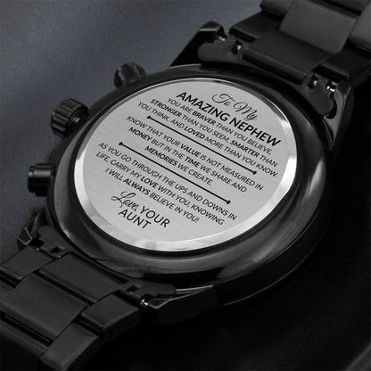 Gift For My Nephew From Aunt - Carry My Love With You - Engraved Black Chronograph Men's Watch + Watch Box - Perfect Birthday Present or Christmas Gift For Him - Liliana and Liam