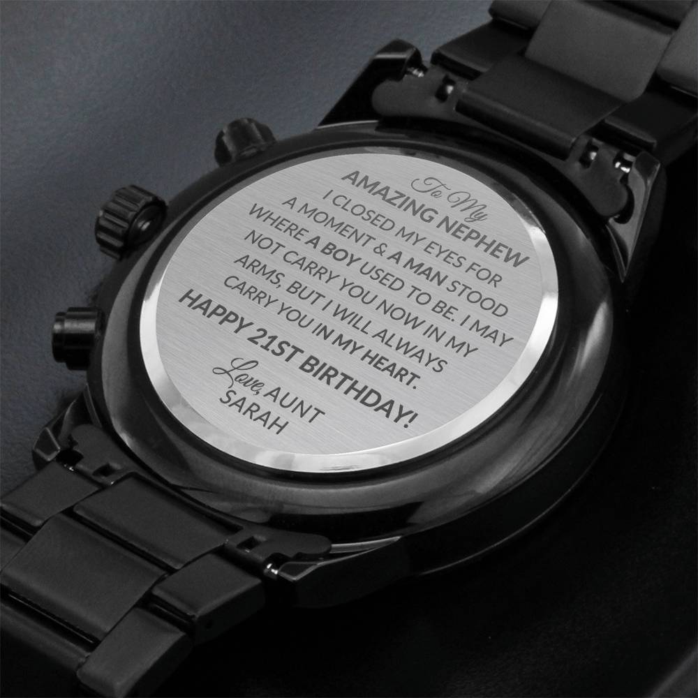 Engraved Design Black Chronograph Watch - Stainless Steel, Copper Dial - Perfect for All Occasions