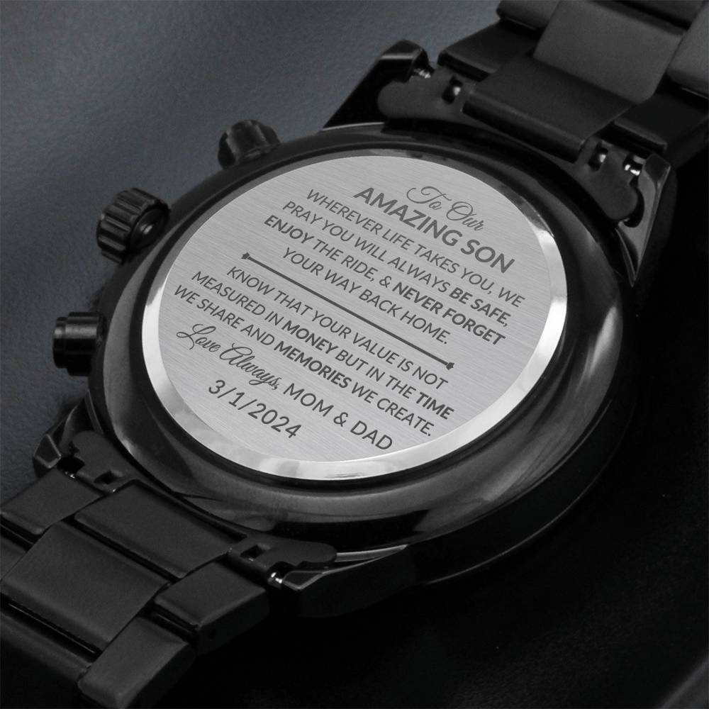 Personalized Engraved Black Chronograph Watch for Men - Durable and Stylish Gift Idea