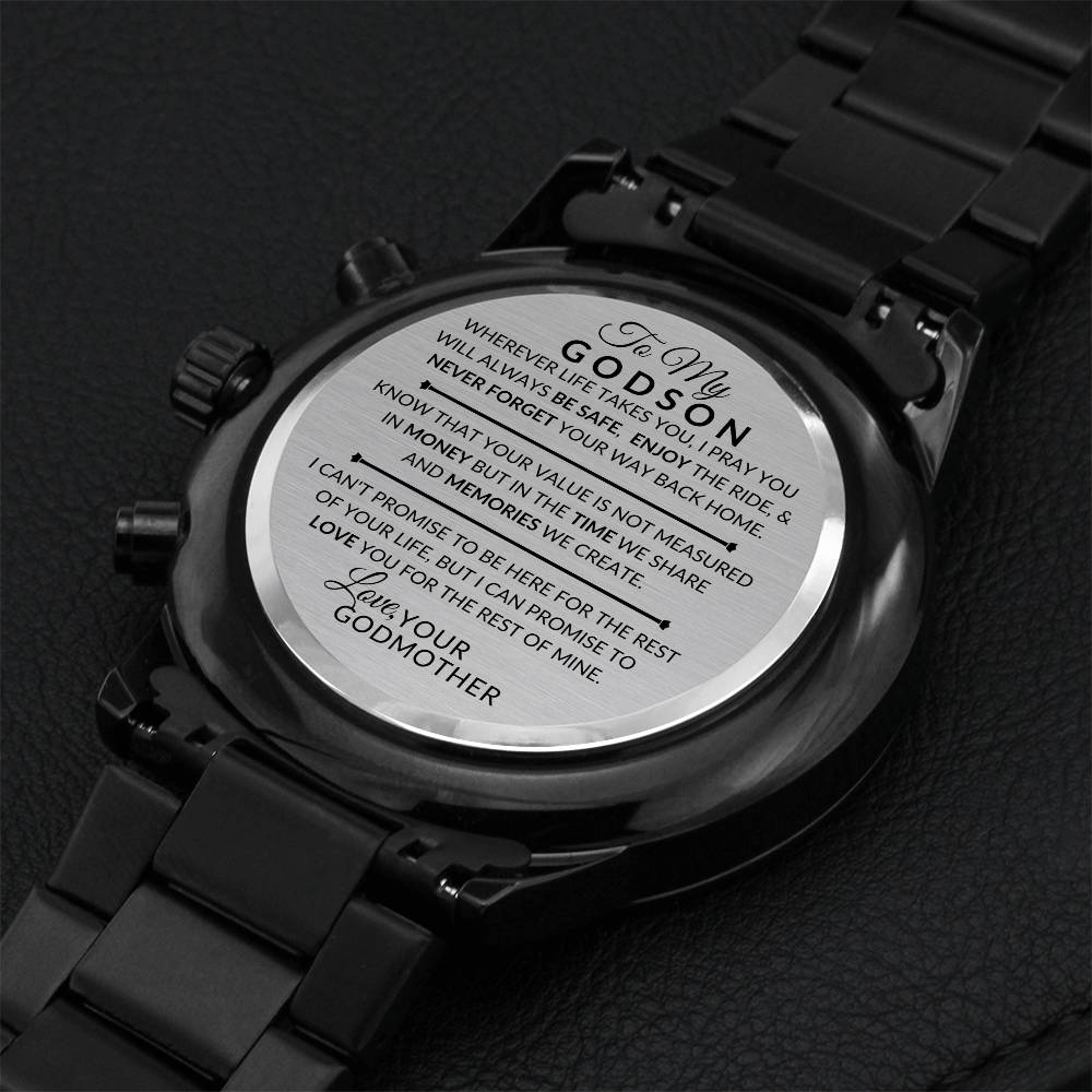 Gift For Godson From Godmother - Never Forget Your Way Home - Engraved Black Chronograph Men's Watch + Watch Box - Perfect Birthday Present or Christmas Gift For Him