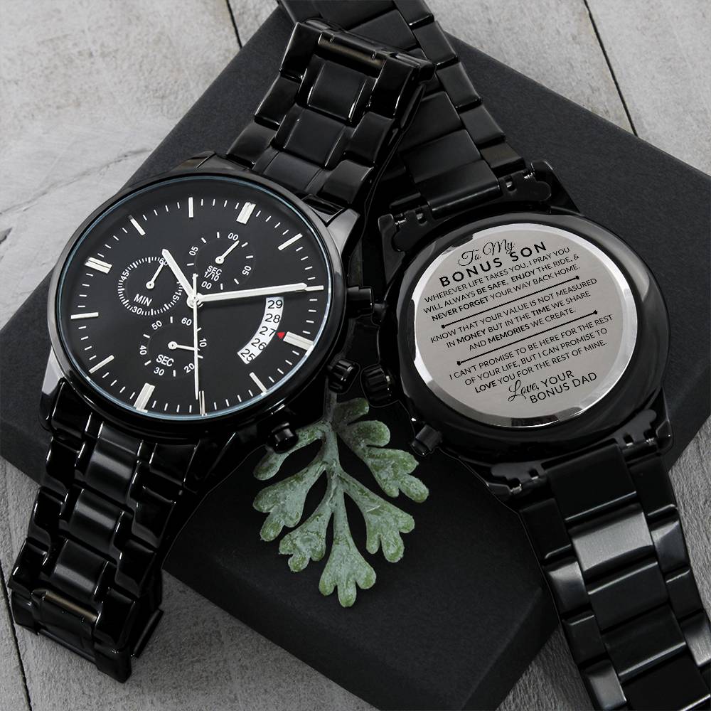 Gift For Bonus Son From Bonus Dad - Never Forget Your Way Home - Engraved Black Chronograph Men's Watch + Watch Box - Perfect Birthday Present or Christmas Gift For Him
