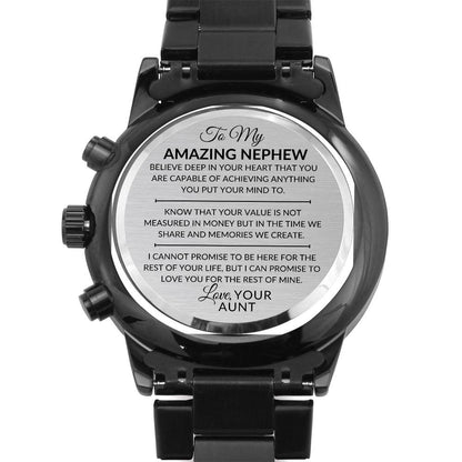 Nephew Gift From Aunt - You Can Achieve Anything - Engraved Black Chronograph Men's Watch + Watch Box - Perfect Birthday Present or Christmas Gift For Him - Liliana and Liam