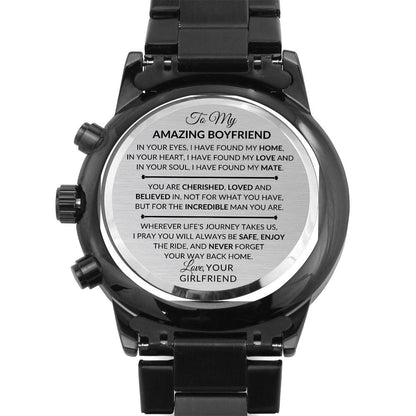 Gift For Boyfriend From Girlfriend - For An Incredible Man - Engraved Black Chronograph Men's Watch + Watch Box - Perfect Birthday Present or Christmas Gift For Him - Liliana and Liam