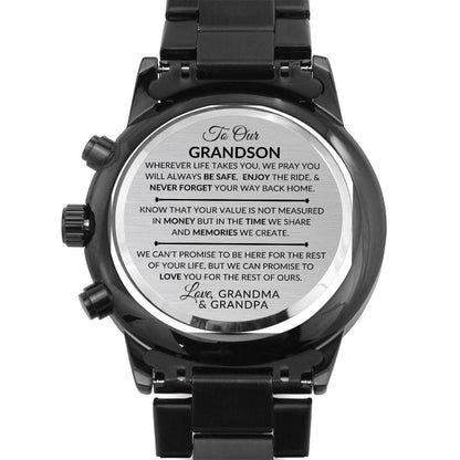 Gift For Grandson From Grandma and Grandpa - Never Forget Your Way Home - Engraved Black Chronograph Men's Watch + Watch Box - Perfect Birthday Present or Christmas Gift For Him - Liliana and Liam