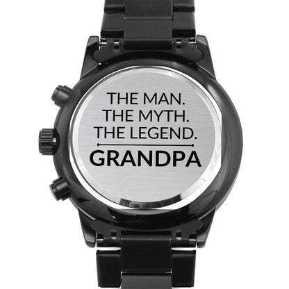 Gift For Grandpa - The Man. The Myth. The Legend. - Engraved Black Chronograph Men's Watch + Watch Box - Perfect Birthday Present or Christmas Gift For Him - Liliana and Liam