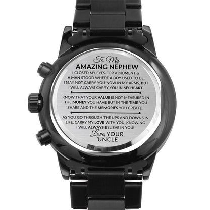 Gift For My Nephew, From His Uncle - I Closed My Eyes - Engraved Black Chronograph Men's Watch + Watch Box - Perfect Birthday Present or Christmas Gift For Him - Liliana and Liam