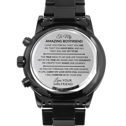 Gift For Boyfriend From Girlfriend - For All That You Are - Engraved Black Chronograph Men's Watch + Watch Box - Perfect Birthday Present or Christmas Gift For Him - Liliana and Liam