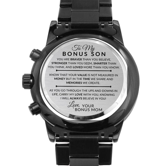 Gift For My Bonus Son From Bonus Mom - Carry My Love With You - Engraved Black Chronograph Men's Watch + Watch Box - Perfect Birthday Present or Christmas Gift For Him