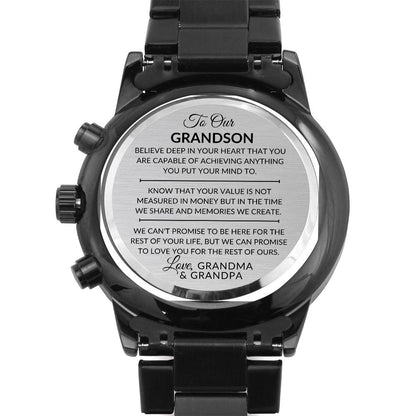 Grandson Gift From Grandma and Grandpa - You Can Achieve Anything - Engraved Black Chronograph Men's Watch + Watch Box - Perfect Birthday Present or Christmas Gift For Him - Liliana and Liam