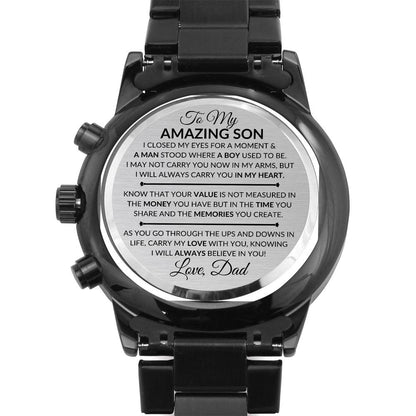Gift For My Son From His Dad - I Closed My Eyes - Engraved Black Chronograph Men's Watch + Watch Box - Perfect Birthday Present or Christmas Gift For Him - Liliana and Liam