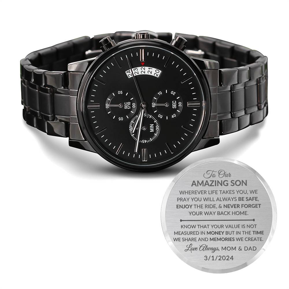 Personalized Engraved Black Chronograph Watch for Men - Durable and Stylish Gift Idea