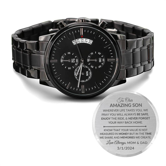 Personalized Engraved Black Chronograph Watch for Men - Durable and Stylish Gift Idea
