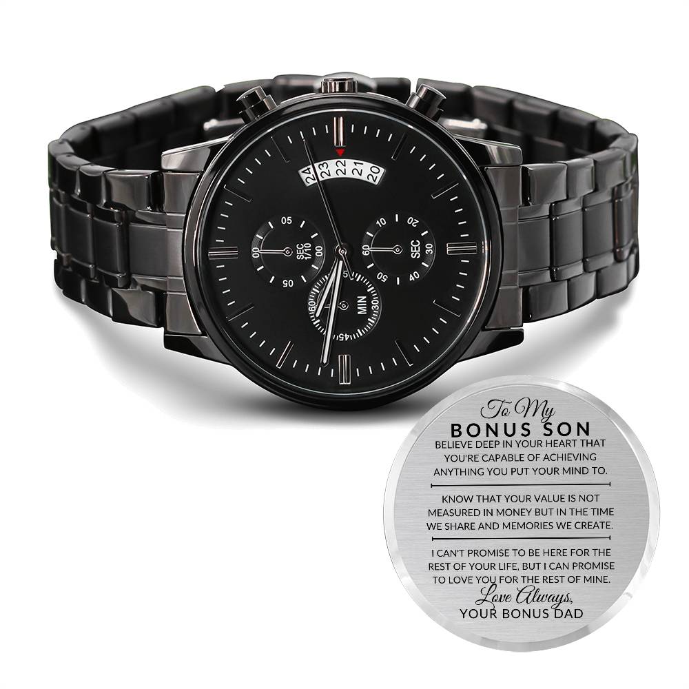 Bonus Son Gift From Bonus Dad - You Can Achieve Anything - Engraved Black Chronograph Men's Watch + Watch Box - Perfect Birthday Present or Christmas Gift For Him