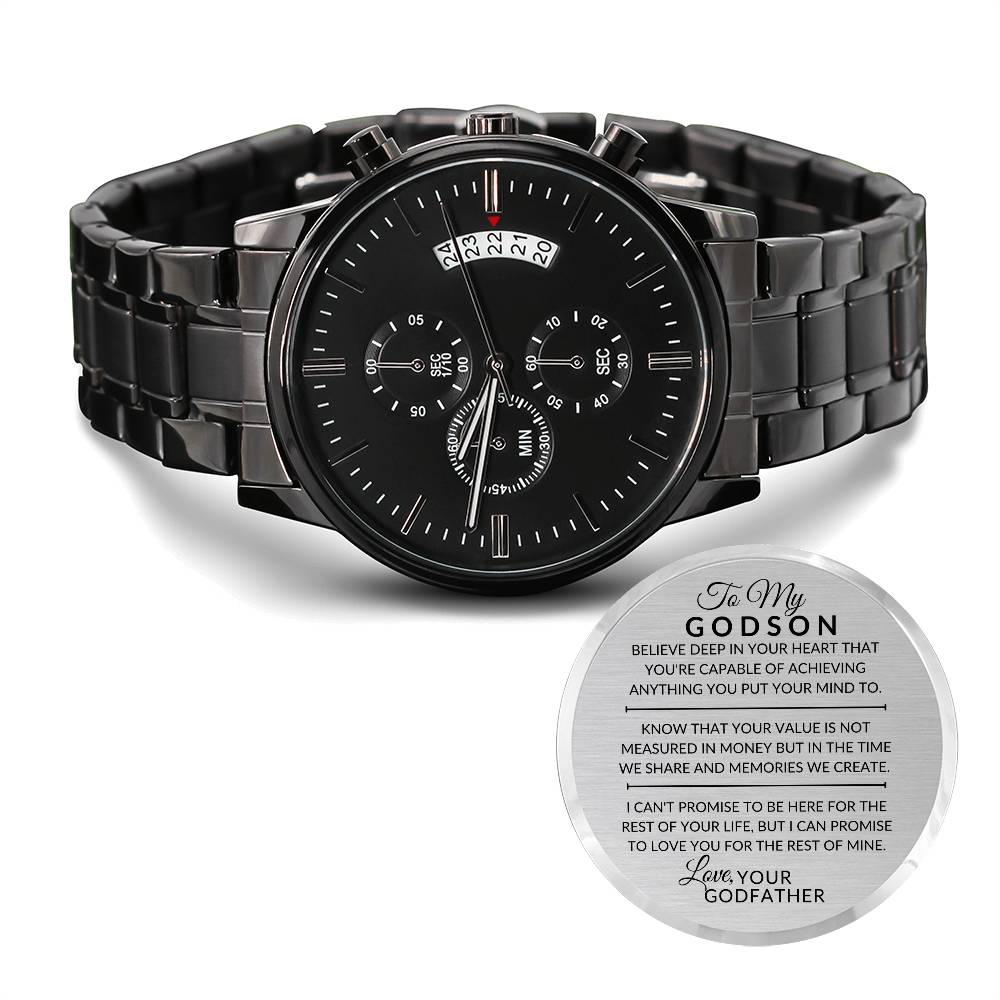 Godson Gift From Godfather- You Can Achieve Anything - Engraved Black Chronograph Men's Watch + Watch Box - Perfect Birthday Present or Christmas Gift For Him