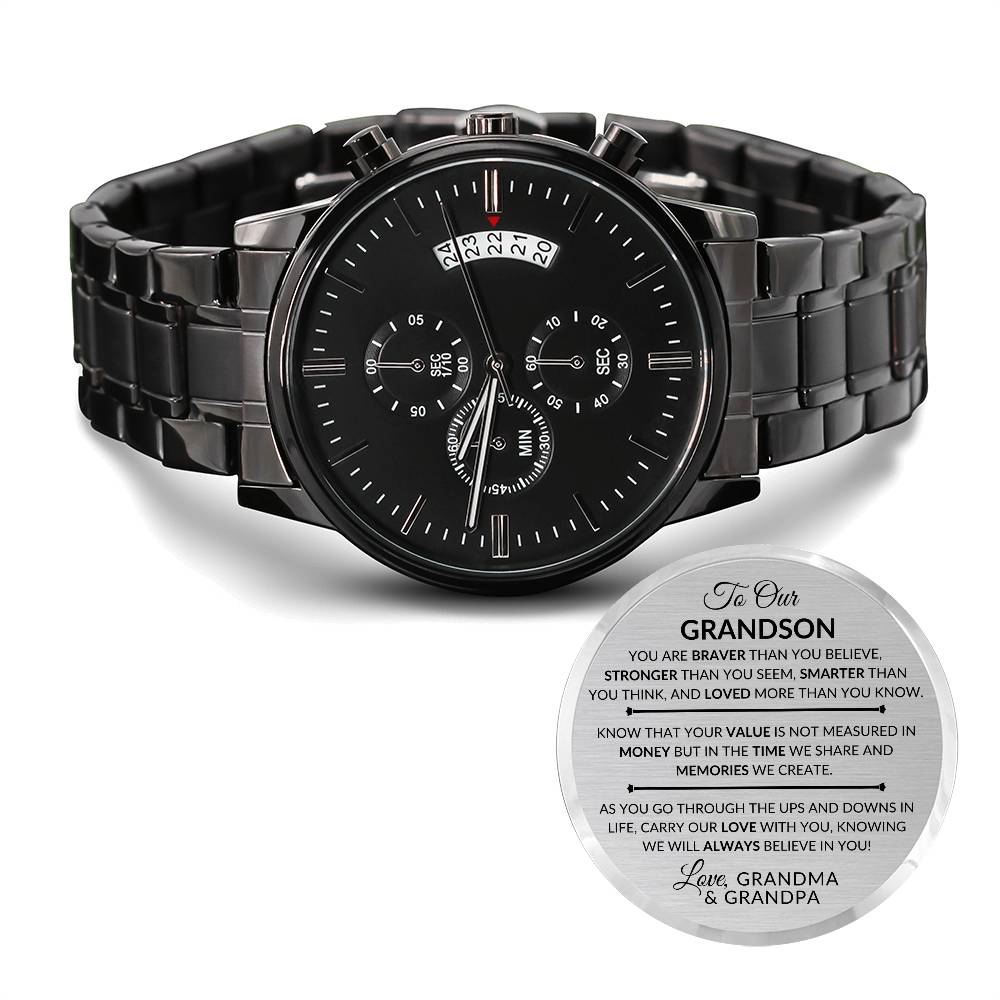 Gift For Our Grandson From Grandma and Grandpa - Carry My Love With You - Engraved Black Chronograph Men's Watch + Watch Box - Perfect Birthday Present or Christmas Gift For Him