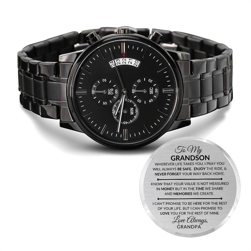 Gift For Grandson From Grandpa - Never Forget Your Way Home - Engraved Black Chronograph Men's Watch + Watch Box - Perfect Birthday Present or Christmas Gift For Him