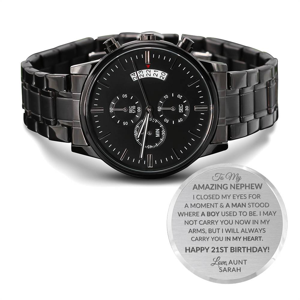 Engraved Design Black Chronograph Watch - Stainless Steel, Copper Dial - Perfect for All Occasions