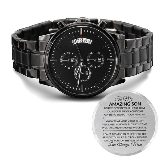 Son Gift From Mom - You Can Achieve Anything - Engraved Black Chronograph Men's Watch + Watch Box - Perfect Birthday Present or Christmas Gift For Him - Liliana and Liam