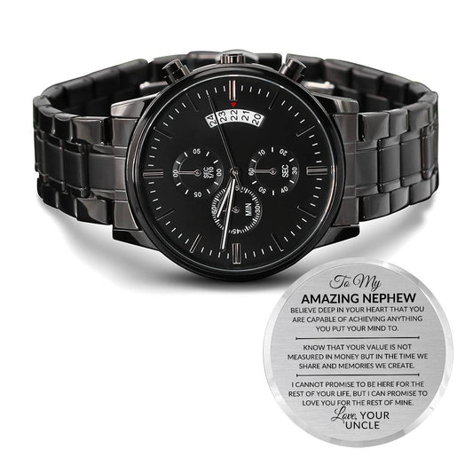 Nephew Gift From Uncle - You Can Achieve Anything - Engraved Black Chronograph Men's Watch + Watch Box - Perfect Birthday Present or Christmas Gift For Him