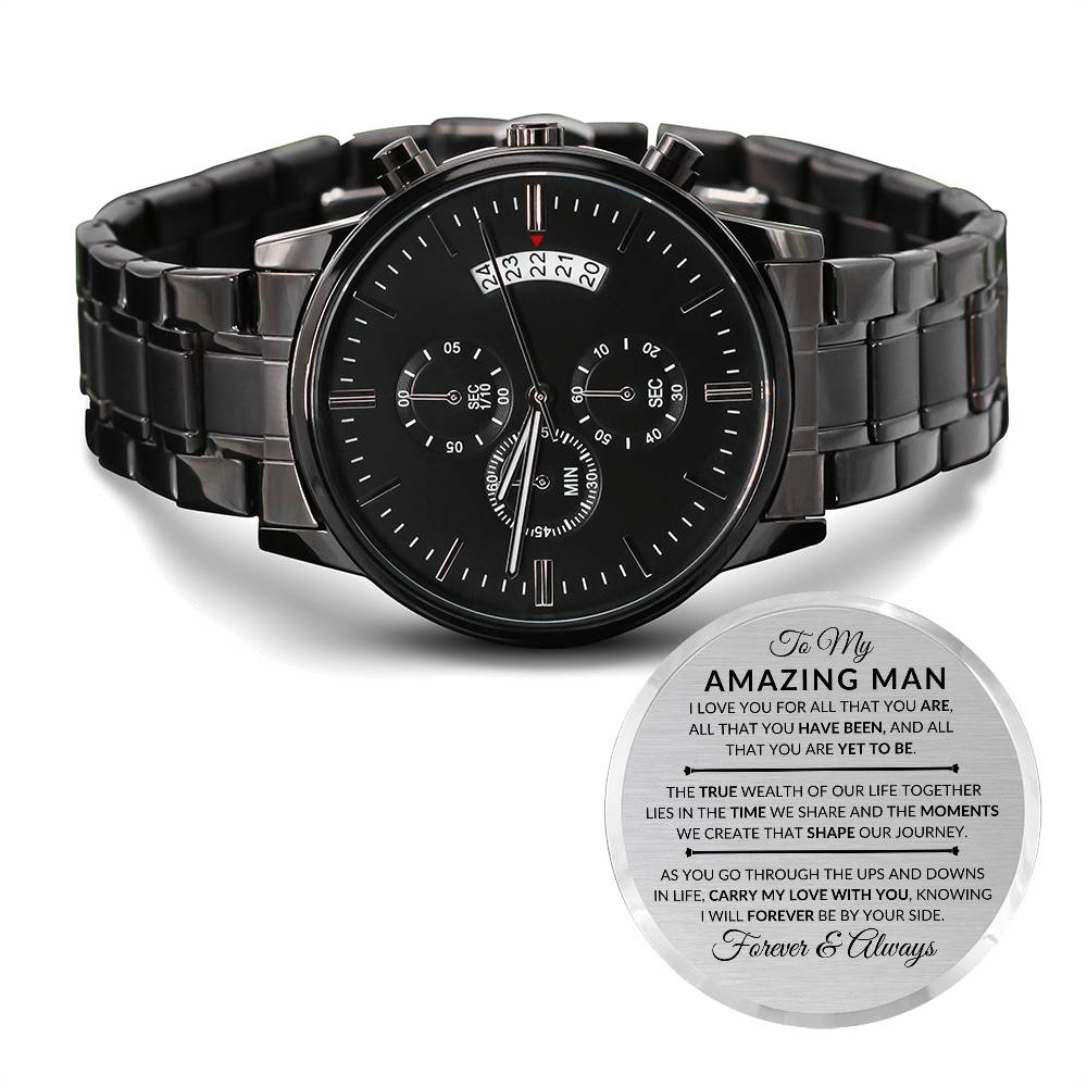 Gift For My Man - For All That You Are - Engraved Black Chronograph Men's Watch + Watch Box - Perfect Birthday Present or Christmas Gift For Him